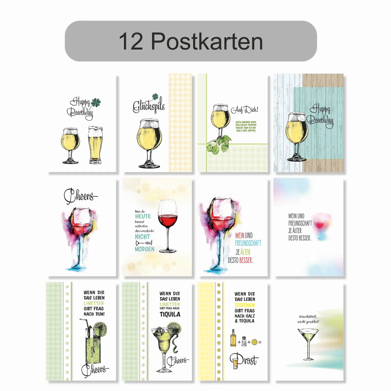 Postkartenset Cheers mit 12 Postkarten Trinksprüche und Glückwunsch