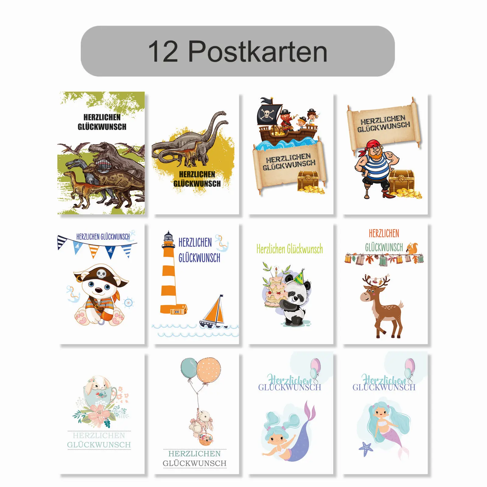 12 Geburtstagskarten für Kinder verschiedene Motive
