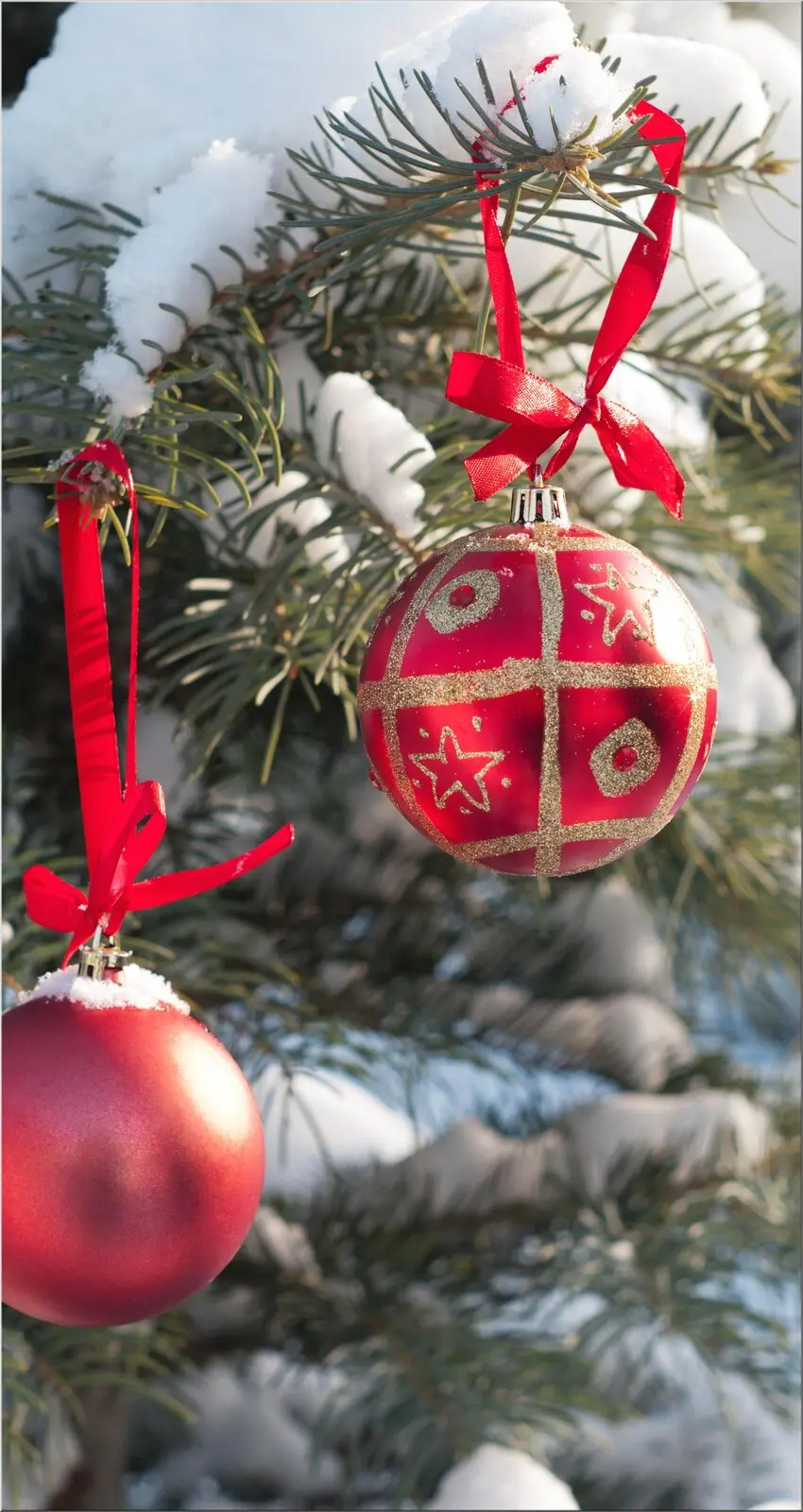 XXL Weihnachtskarte rote Kugeln am Tannenzweig